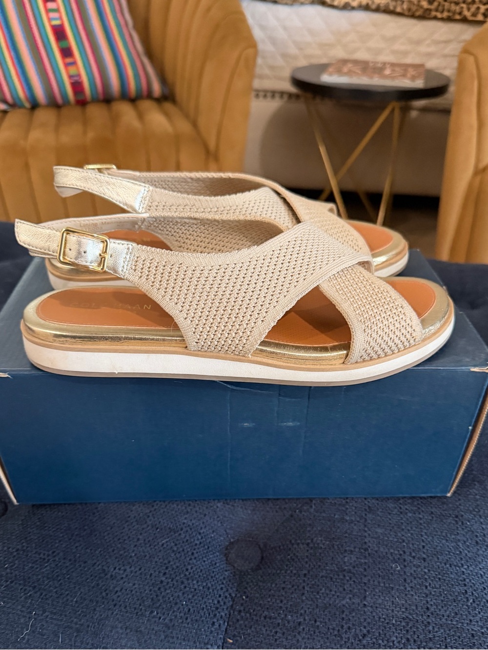 Cole Haan Beige Knit Slingback Sandals with Gold Accent